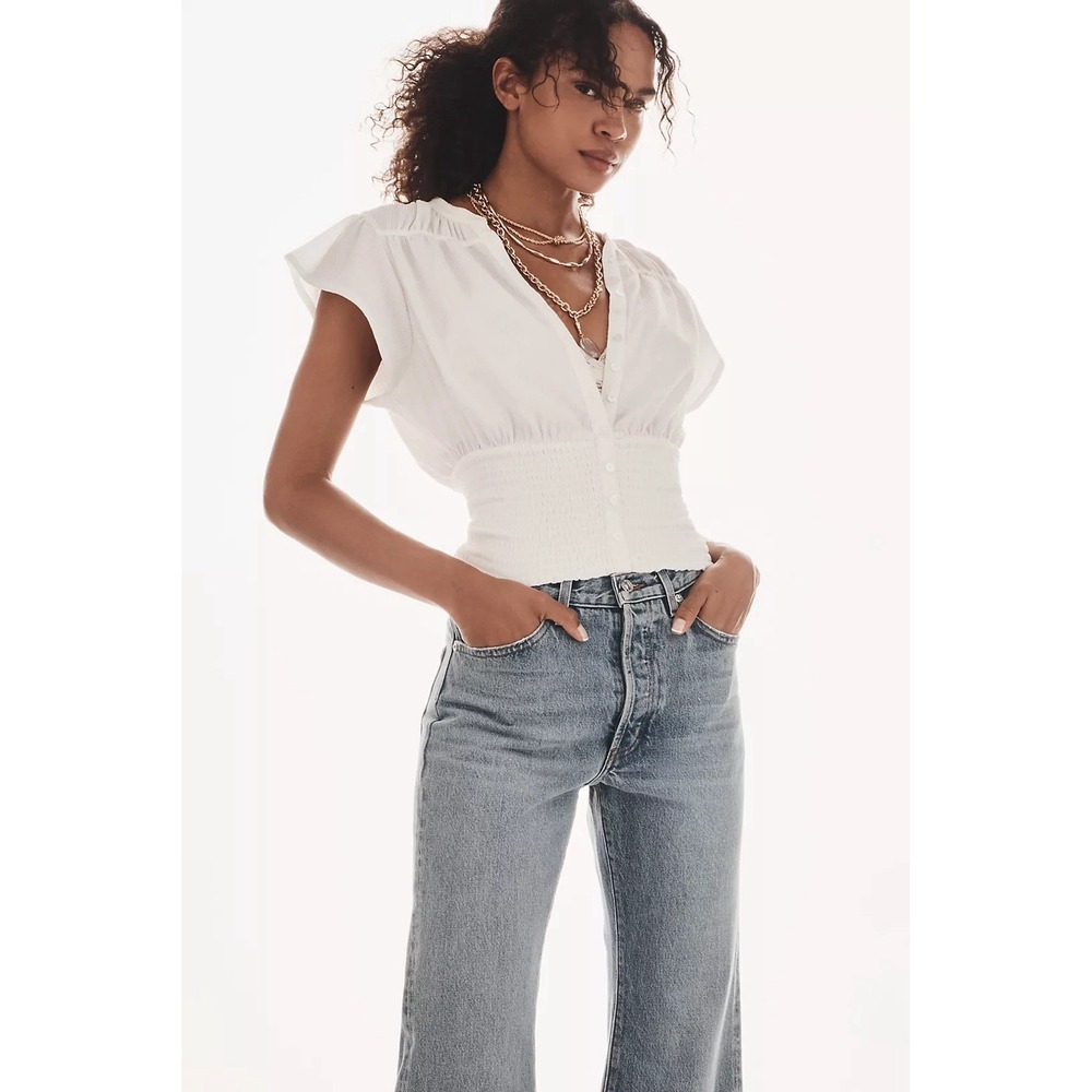 Maeve Anthropologie Flutter Short Sleeve V-neck Fitted Waist Top Sz XL White